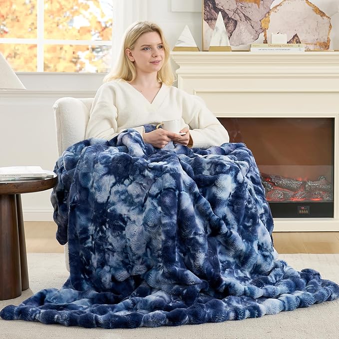 Cozy Bliss Faux Fur Throw Blanket for Couch, Fuzzy Soft Plush Thick Striped Blanket for Sofa Bedroom Living Room, 50 * 60 Inches Tie-dye Blue
