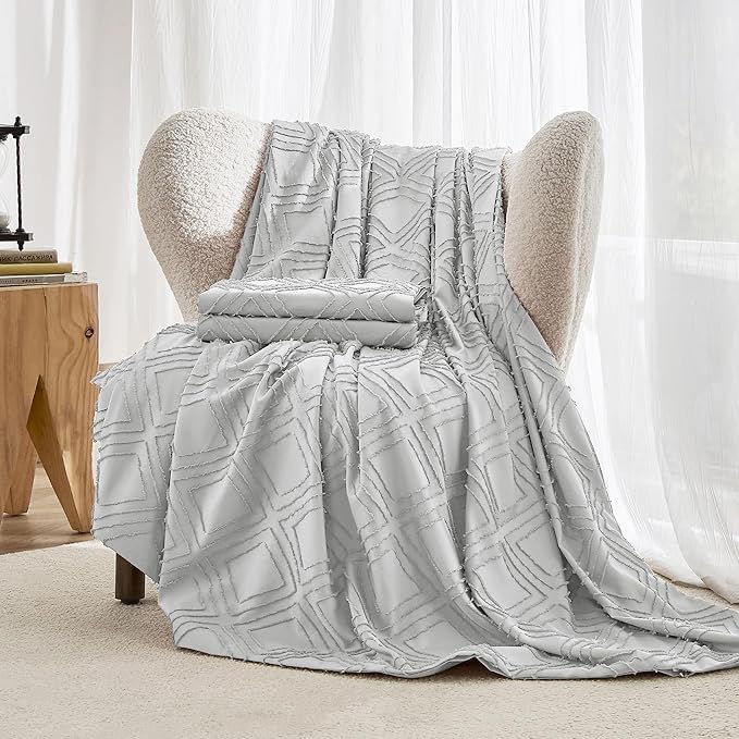 JELLYMONI Duvet Cover Queen Size Light Grey - 3PCS Boho Duvet Cover Set Plaid Polyester Tufted Bohemian Jacquard Knit Textured Comforter Cover 90×90in Rhombic Geometric Pattern Zipper Corner Tie