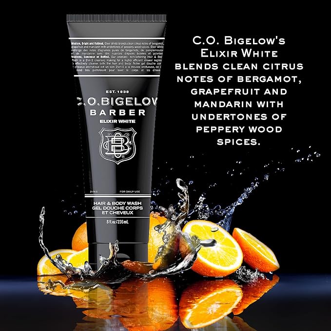 C.O. Bigelow Elixir White Hair & Body Wash for Men, Spice & Citrus Scented Men's 2 in 1 Shampoo & Body Wash, 8 Fl Oz