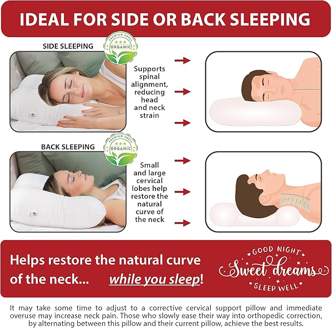 Core Products Tri-Core Natural Cervical Support Pillow for Neck Pain Organic Cotton Shell, Great Gift for Back and Side Sleepers, Full Size, Gentle/Medium Firmness