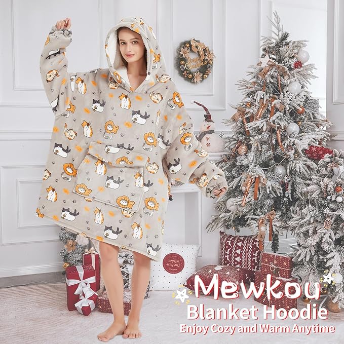 Wearable Blanket Hoodie for Adult,Oversized Sherpa Fleece Blanket Hoodie for Women Men,Cat