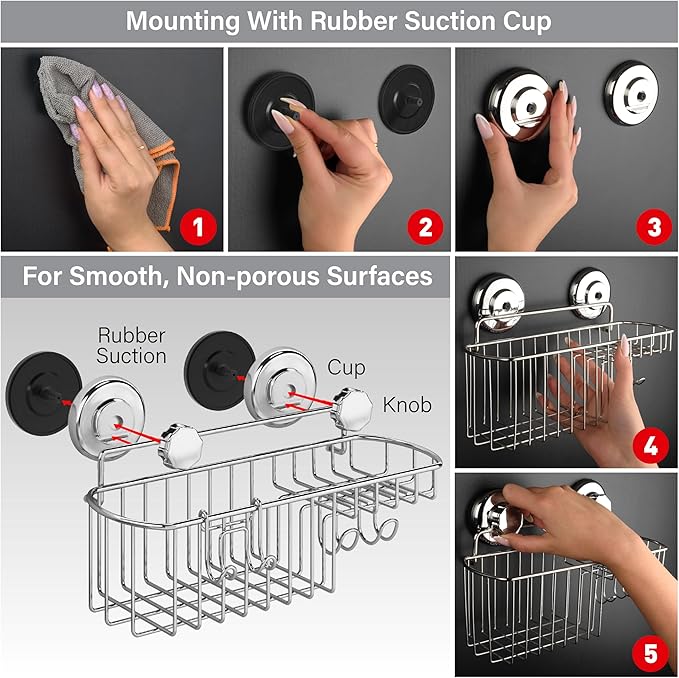 HASKO Suction Cup Shower Caddy Basket for Shampoo, Shower Suction Shelf Organizer, Basket with Soap Holder and Hooks, Stainless Steel Shampoo Holder for Bathroom Storage (Chrome)