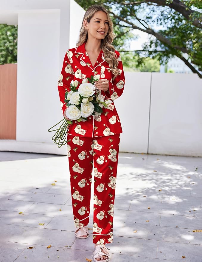 Ekouaer Satin Pajama Set for Women Silky Sleepwear Long Sleeve Top and Pants Button Down Pjs Lounge Set