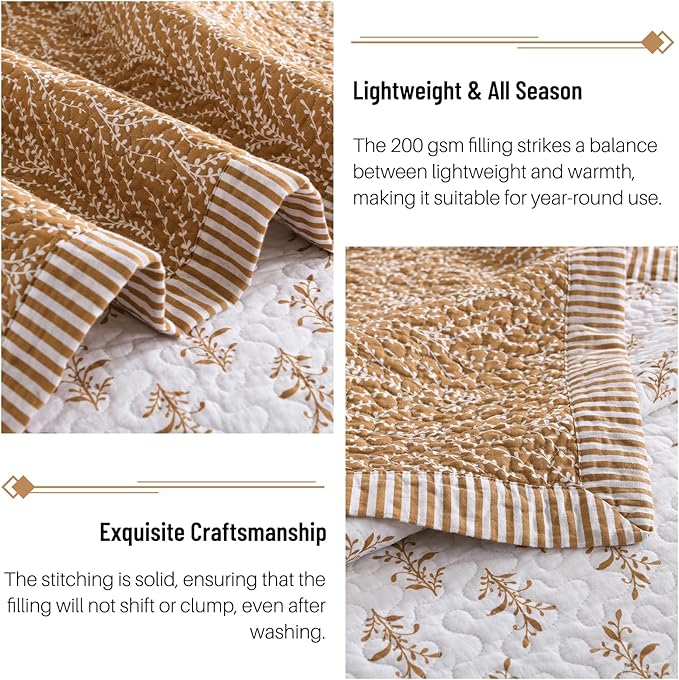 Quilt Set King Size - 100% Cotton Floral Reversible Bedspread Bedding Set, Lightweight Bed Quilts Botanical Pattern Comforter Cover with 2 Pillow Shams, 3-Piece All Season, Orange, 98x106