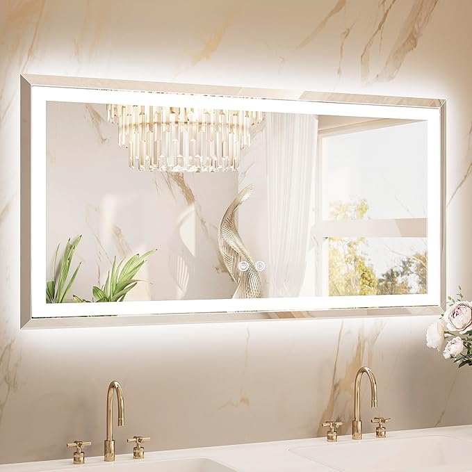 TETOTE 48 x 24 Inch Led Lighted Bathroom Mirror with Lights, Beveled Front and Backlit Extra-Bright Light up Mirror for Bathroom Wall, 3-Color Dimmable, Defogging, Tempered Glass, Waterproof