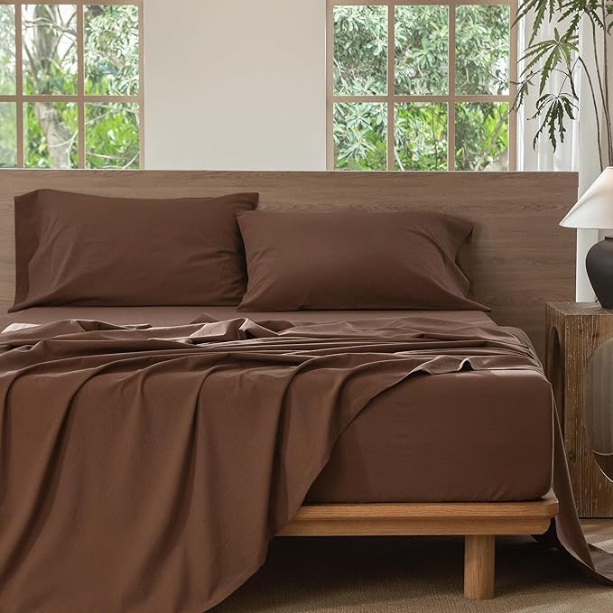 MooMee Bedding Sheet Set 100% Washed Cotton Linen Like Textured Breathable Durable Soft Comfy (Solid Cocoa Brown, Full)