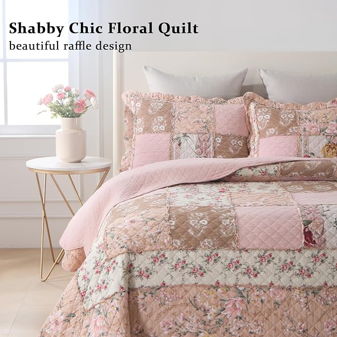 Yvooxny Quilts Queen Size Patchwork Pink Floral Quilt Set Vintage Shabby Chic Botanical Floral Quilted Bedspread 3-Piece Quilt Set with Ruffle for All Seasons, Queen Size, 98 * 90 Inches