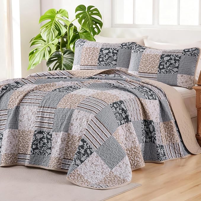 Mybedsoul Patchwork Quilt Set King Size, 3 Pieces Blue Brown Floral Plaid Bedspread Coverlet Set, Reversible Soft Microfiber Bedding Set for All Season, Fall Winter King 90"x104"