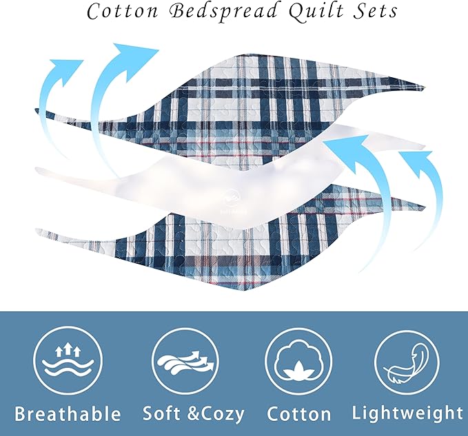 Quilt King Size, Cotton King Size Comforter Set, Blue White Striped Bedding Sets, Plaid King Bedspread,Striped Bed Set Lightweight Reversible All Season 3 Piece