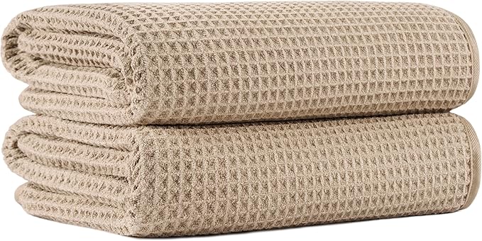 New Microfiber Waffle Bath Towels, 2 Pieces, Oversized, Soft, Absorbent, Fast Drying, Lint Free (Beige)