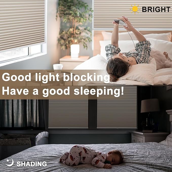 MYshade 1.5-Inch Cellular Cordless Blackout Shades,Thermal Insulating Noise Reducing Waterproof Blinds,Honeycomb Window Treatments for Indoor Light Control (Beige-33.5" W x 72" H)