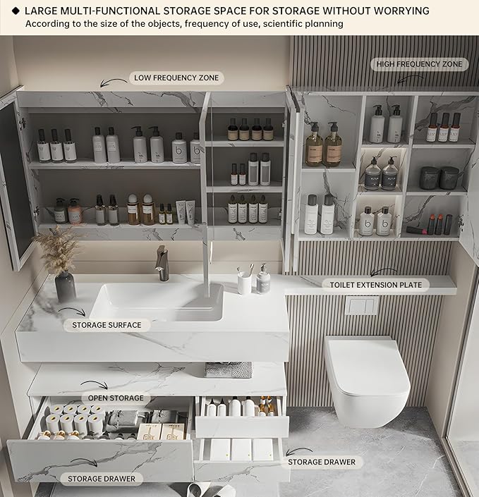 Floating Bathroom Vanity with Sink, Solid Wood Bathroom Vanity Set, Smart Defogging Mirror & Induction Side Cabinet & Large Storage - Elegant Bathroom Vanities (White,56IN)