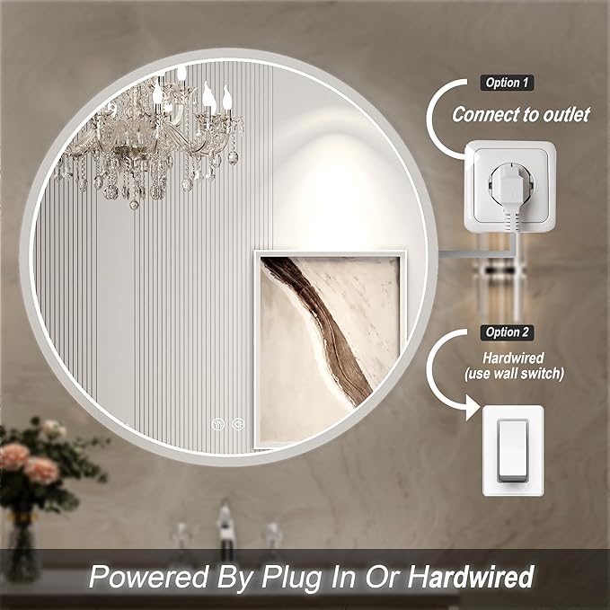32" Round LED Bathroom Mirror, Dimmable Anti-Fog Vanity Mirror with Touch Control, 6000K Natural Light, Silver Metal Frame, Wall Mounted for Makeup Shaving (IP54, 90+ CRI)
