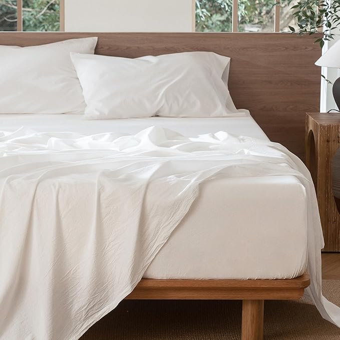 MooMee Bedding Sheet Set 100% Washed Cotton Linen Like Textured Breathable Durable Soft Comfy (Solid Off White, King)