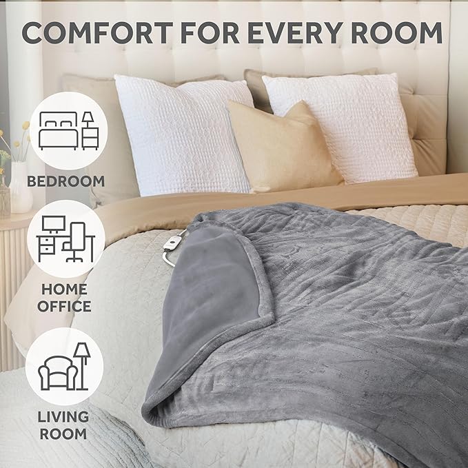 Sunbeam Royal Posh Dove Grey Heated Personal Throw / Blanket, Cozy-Warm, Adjustable Heat Settings
