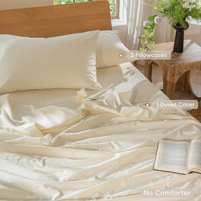 MooMee Bedding Duvet Cover Set 100% Washed Cotton Linen Like Textured Breathable Durable Soft Comfy (Solid Cream White, Oversized King Plus 128"x120")
