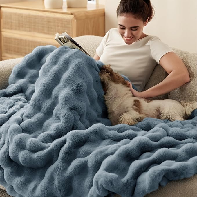Bedsure GentleSoft Fluffy Faux Fur Throw Blanket for Couch, Soft Fuzzy Bubble Blanket Home Decor Gifts for Bedroom Living Room, Thick Warm Furry Cozy Gifts for Women, Greyish Blue, 50x60 Inch
