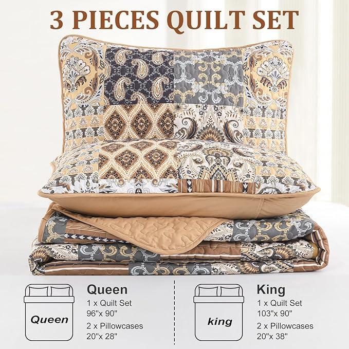 WONGS BEDDING Boho Quilt Set King Size, Dark Brown Plaid Patchwork Bedspread Bedding Set Soft Microfiber Quilt for King Bed Reversible 3 Pieces Coverlet Set for All Season (104"x90")
