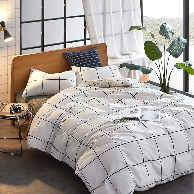 KAREVER White Grid Comforter Set Big Grid Queen Cotton White Black Plaid Printed Stripes Women Checkered Queen Comforters Bedding Set Bed Blanket Set White Plaid Comforter