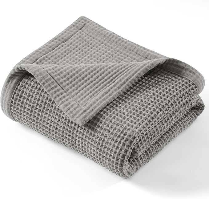 PHF 100% Cotton Waffle & Muslin Throw Blanket Large, Soft Breathable Luxury 400GSM Versatile Reversible Bedding for Couch, Great for Layering in Cold Weather, Home Decor Gift, 50" x 70", Frosted Grey