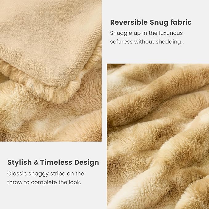 Cozy Bliss Faux Fur Throw Blanket for Couch, Fuzzy Soft Plush Thick Striped Blanket for Sofa Bedroom Living Room, 60 * 80 Inches Tie-dye Khaki
