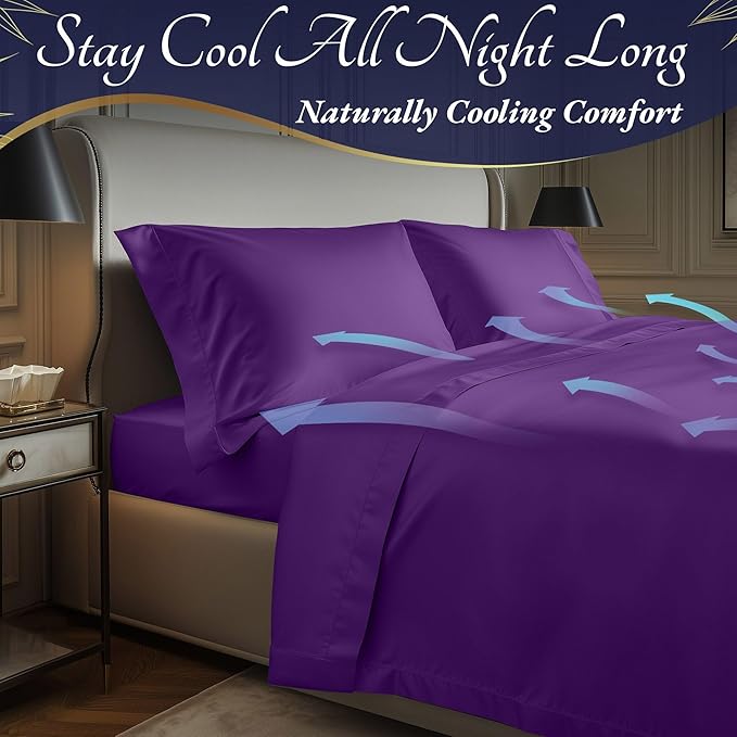 DECOLURE 100% Viscose Derived from Bamboo Sheets Twin Size 3pcs - Ultra Soft & Luxuriously Cooling, 17" Deep Pocket, Double Stitching, Perfect for Hot Sleepers - Twin Bed Sheets (Purple)