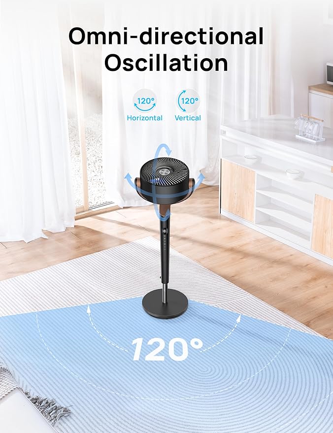 Dreo Fan for Bedroom, 120°+120°Omni-directional Oscillating Fan, DC Motor, 20 dB Quiet Standing Pedestal Fans, 90ft, 8 Speeds, 3 Modes Circulator with Remote, 35-40"Adjustable Height, 8H Timer, Black