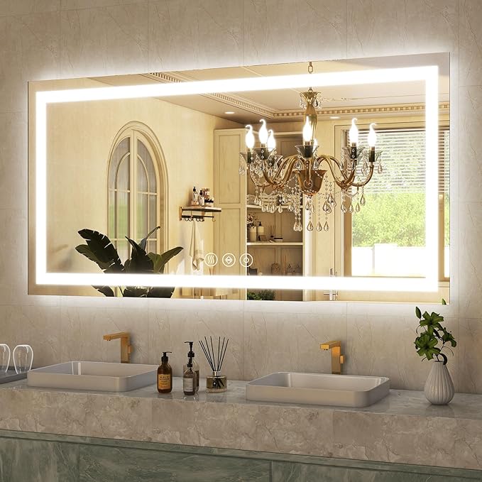 GLSLAND LED Bathroom Mirror - 55"x30" Anti-Fog Lighted Wall Mirrors with Memory Function, Dimmable, Frontlit & Backlit, Horizontally/Vertically, Tempered Glass