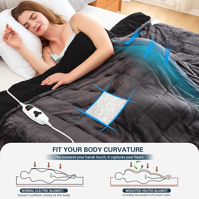 CYMULA Heated Weighted Blanket for Adults, Weighted Heated Blanket 60" x 80", 20lbs Sherpa Fleece Weighted Electric Blanket Soft Heating Blanket with 10 Heating Levels & 1-8 Hours Auto Off, Dark Grey