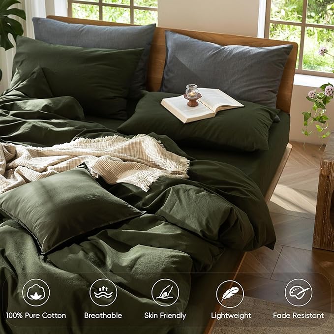 MooMee Bedding Duvet Cover Set 100% Washed Cotton Linen Like Textured Breathable Durable Soft Comfy (Solid Olive Green, Oversized Full 82"x86")