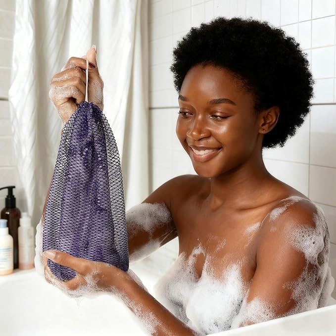 African Net Sponge Authentic with Handles (Set of 2), African Exfoliating Net Sponge, Exfoliating Body Scrubber Bath Sponge - Bathing Accessories with Storage Bag (Purple & Rose)