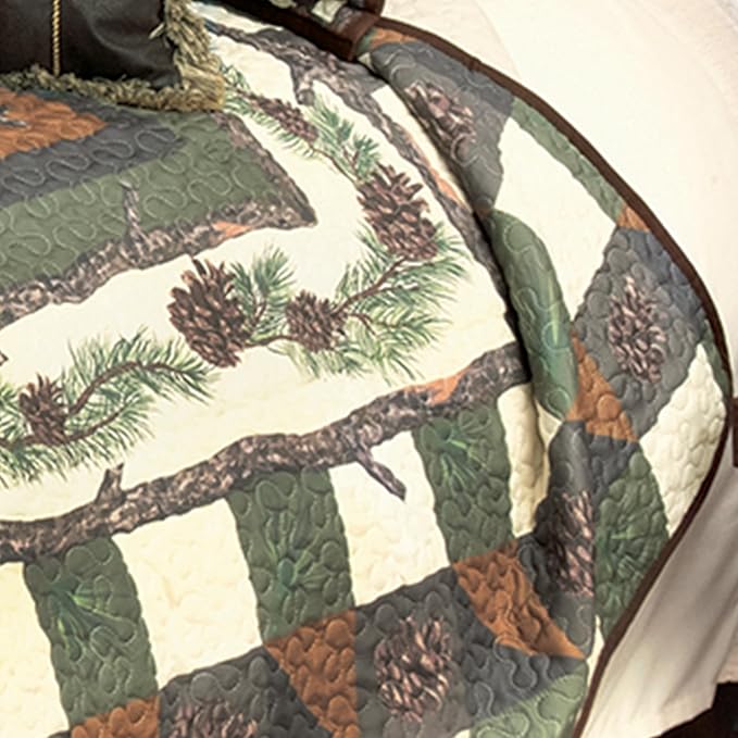 BLACK FOREST DECOR Woodland Pinecones Quilt Bed Set - Queen, Rustic Lodge Pinecone Bedding - 90" x 90"
