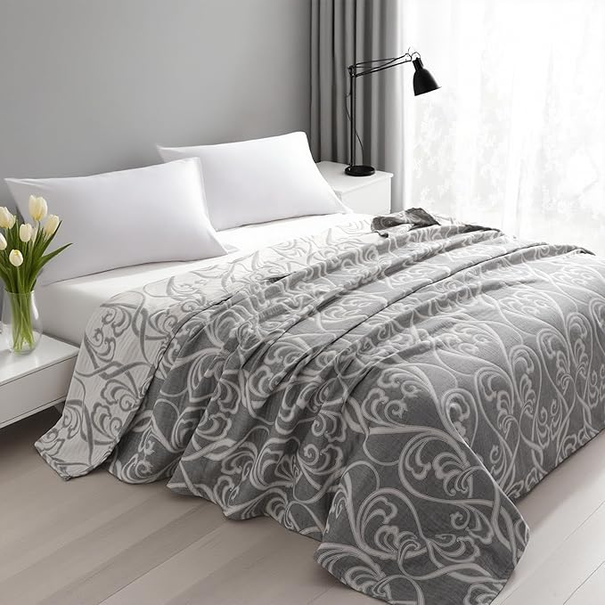 NTBAY 3 Layers Cotton Muslin 68x92 Twin Bed Blanket, Super Soft Breathable Thermal Yarn Dyed Quilt for Adults, Perfect Lightweight Blanket for Couch Sofa Bed All Seasons, Grey Paisley