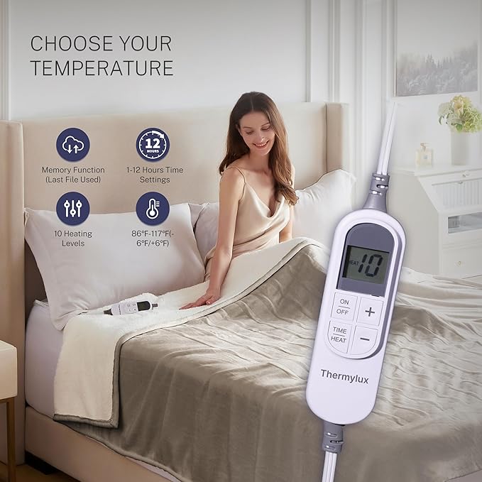 Electric Blanket Full 72"x84" Heated Electric Blankets 10 Heating Levels 12 Time Settings 8 Hours Auto Off Fast Heating and Overheat Protection ETL Certified Machine Washable,Light Brwon