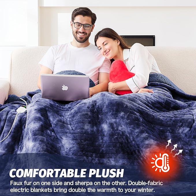 greenoak Heated Electric Blanket Throw, Faux Fur Sherpa Heating Blanket for Sofa Bed, Warm Winter Gifts for Dad/Grandma, Heater Lap Blankets 5-Position Timer &10 Heating Levels 72''*84" Cobalt
