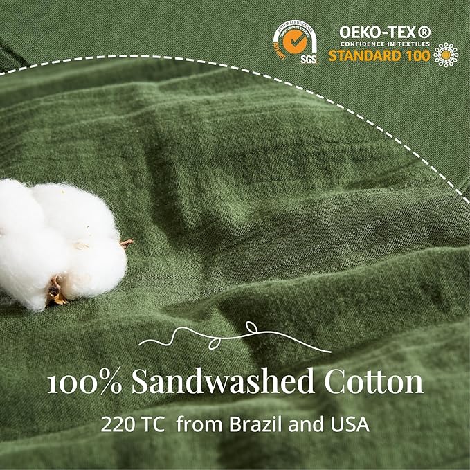 Green Duvet Cover Queen Size, 100% Sandwashed Cotton Soft Queen Duvet Cover Set 3 Pieces with Zipper Clousre & Corner Buttons (Green, Queen 90 x 90)