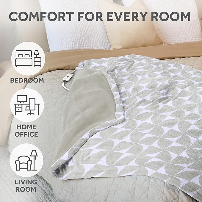 Sunbeam Royal Luxe Microplush Heated Throw Electric Blanket, 50" x 60", 4-Hour Auto Shut-Off,Fast Heating, Machine Washable, Warm and Cozy, Grey Geometric