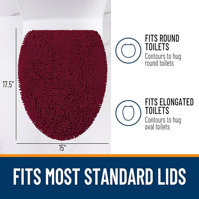 OLANLY Soft Chenille Bathroom Toilet Lid Cover, Machine Washable Seat Covers, 17.5x15, Stays in Place Rubber Backing, Fits Most Round, Elongated and Oblong Lids, Accessories Decor, Burgundy