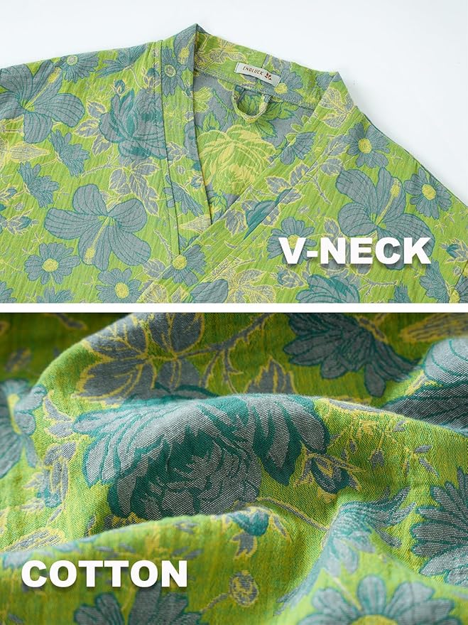 Women Cotton Double Gauze Jacquard Kimono Robe Bathrobe with Belt Pocket Comfortable Loungewear Yukata Sleepwear