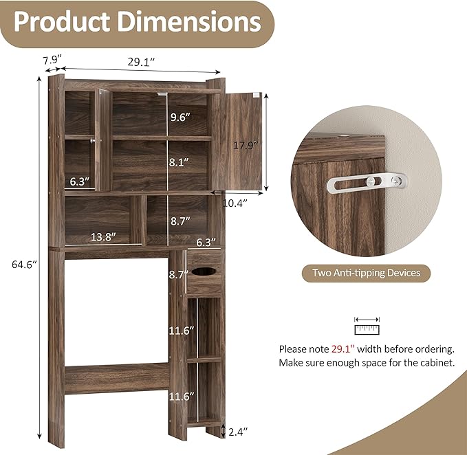 Meilocar Over The Toilet Storage Cabinet, Bathroom Over Toilet Storage Cabinet, Bathroom Storages Organizer Cabinets with Toilet Paper Holder and Adjustable Shelf, Walnut