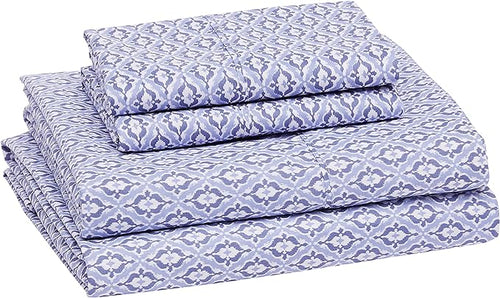 Amazon Basics Lightweight Super Soft Easy Care Microfiber 4 Piece Bed Sheet Set With 14" Deep Pockets, Queen, Blue Damask, Printed