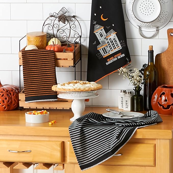 DII Happy Halloween Dishtowel Collection Embellished Cotton Kitchen Hand Towel Set, 18x28, Home Sweet Haunted Home, 3 Count