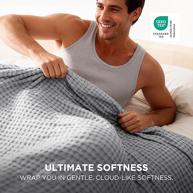 Bedsure Cooling Cotton Waffle Full Size Blanket - Lightweight Breathable Blanket of Rayon Derived from Bamboo for Hot Sleepers, Luxury Throws for Bed, Couch and Sofa, Grey, 80x90 Inches
