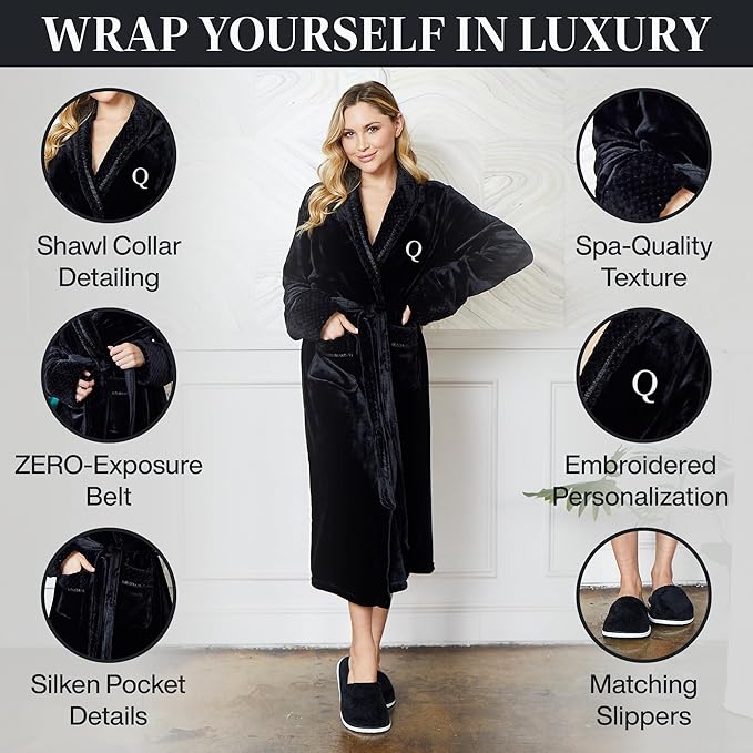 Lotus Linen Plush Robes for Women - Soft Bathrobe, Custom Monogram, Warm Fleece Robe with Pockets