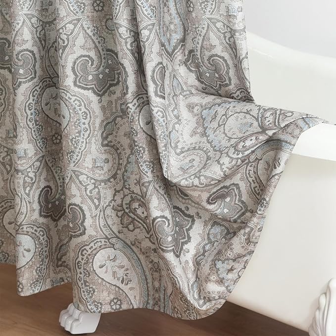 Extra Long Fabric Shower Curtain, Taupe and Blue Paisley Print Shower Curtains for Bathroom, 72" W x 84" H