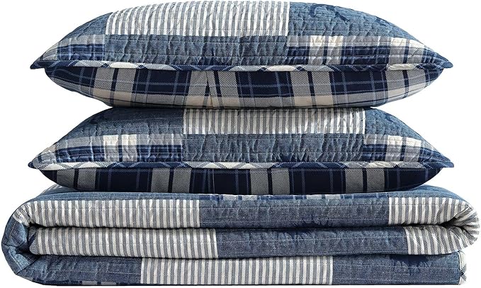 Eddie Bauer - Queen Quilt Set, Naturally Soft Cotton Bedding w/a Lightweight Feel for All-Year Comfort, Reversible w/Matching Pillowcases, 3 Piece Bed Set (Moose Plaid/Pinstripe/Patchwork Blue)