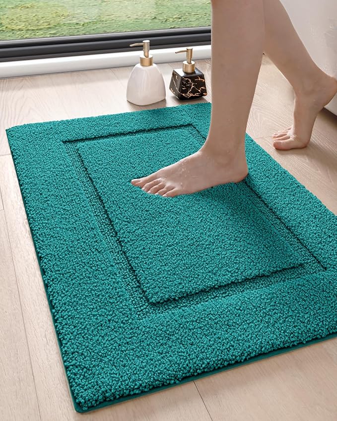 DEXI Bathroom Rugs 24x16, Washable Non Slip Bath Mat for Shower Floor, Absorbent Quick Dry Bathmat with Rubber Backing, Ultra Soft Plush Carpet for Tub, Teal