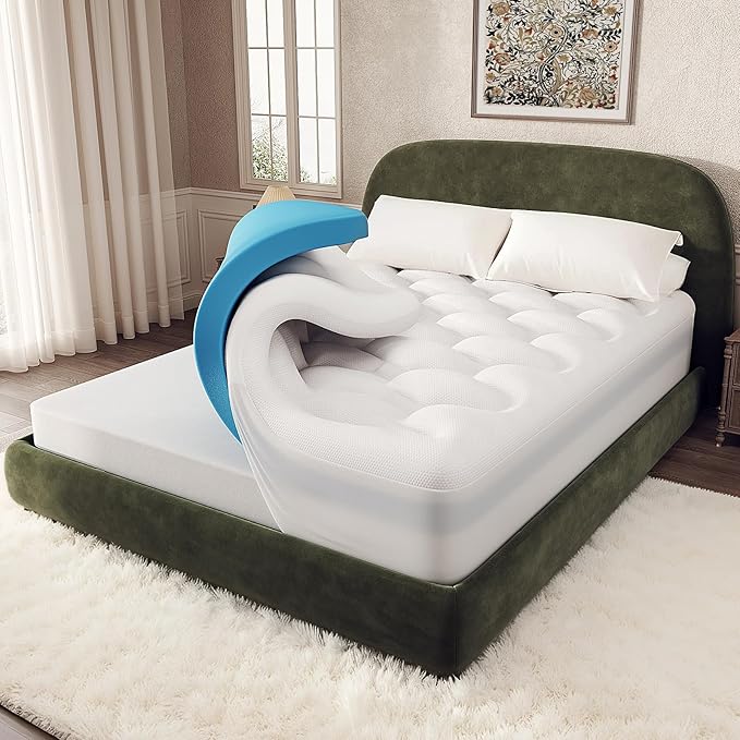 OhGeni Cooling 4 inch Dual Layer Queen Mattress Topper, 2 inch Cooling Gel Memory Foam, 2 inch Down Alternative Pillow Top Pad, Mattresses Cover for Bed, Medium Support, Fits 6”-19” Deep Pocket