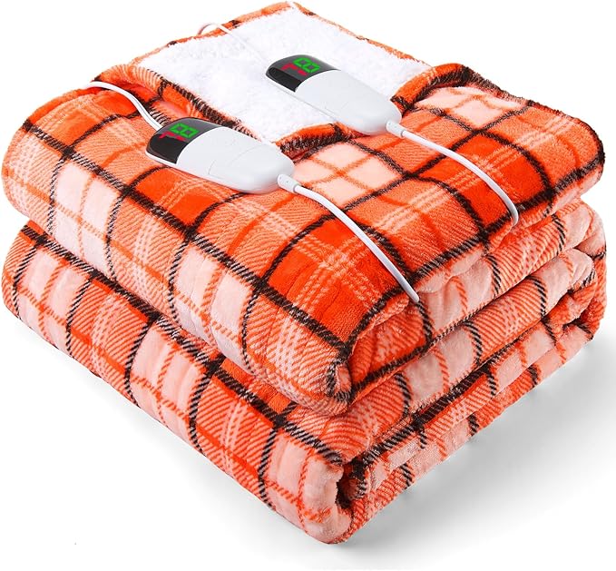 OCTROT Electric Heated Blanket King Size, 90X100 Orange Blanket with Dual Control&10 Heats Levels&Timer for Bed,Large Plaid Sherpa Heating Blankets Warmer Gifts for Women Grandma Halloween Home Decor