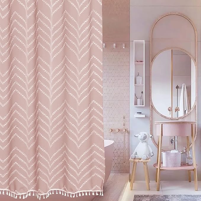 Extra Long Pink Boho Shower Curtain with White Tassel, Woven Fabric 96 in Curtain, Tufted Chevron Striped, 72x96, Modern Chic Textured Minimalist Cute for Bathroom